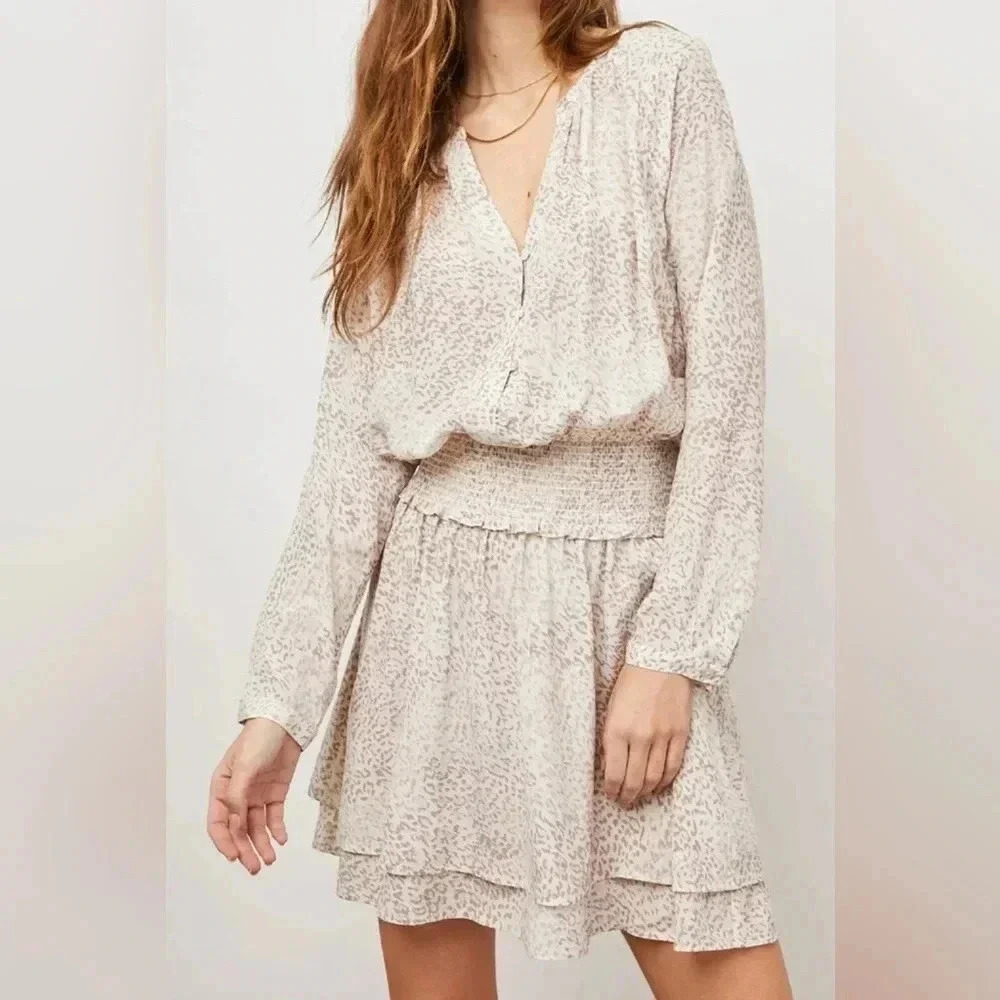 Rails Dress Sz L Tiered Smocked Waist Resort Wear Chic Flowy Neutral Animal Prnt
